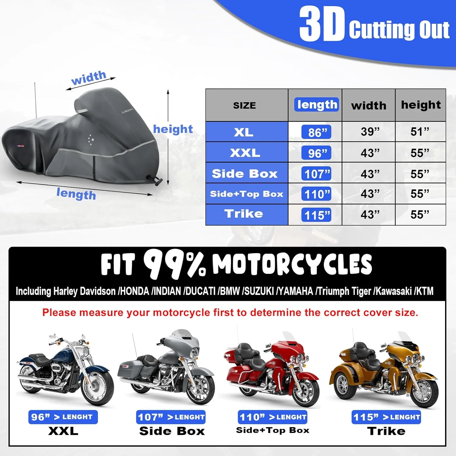 Motorcycle Cover LI LIBZAKI 600D Heavy Duty Storage All Season Universal Weather Waterproof Outdoor Protection 86" XXL Vehicle Cover/Gray
