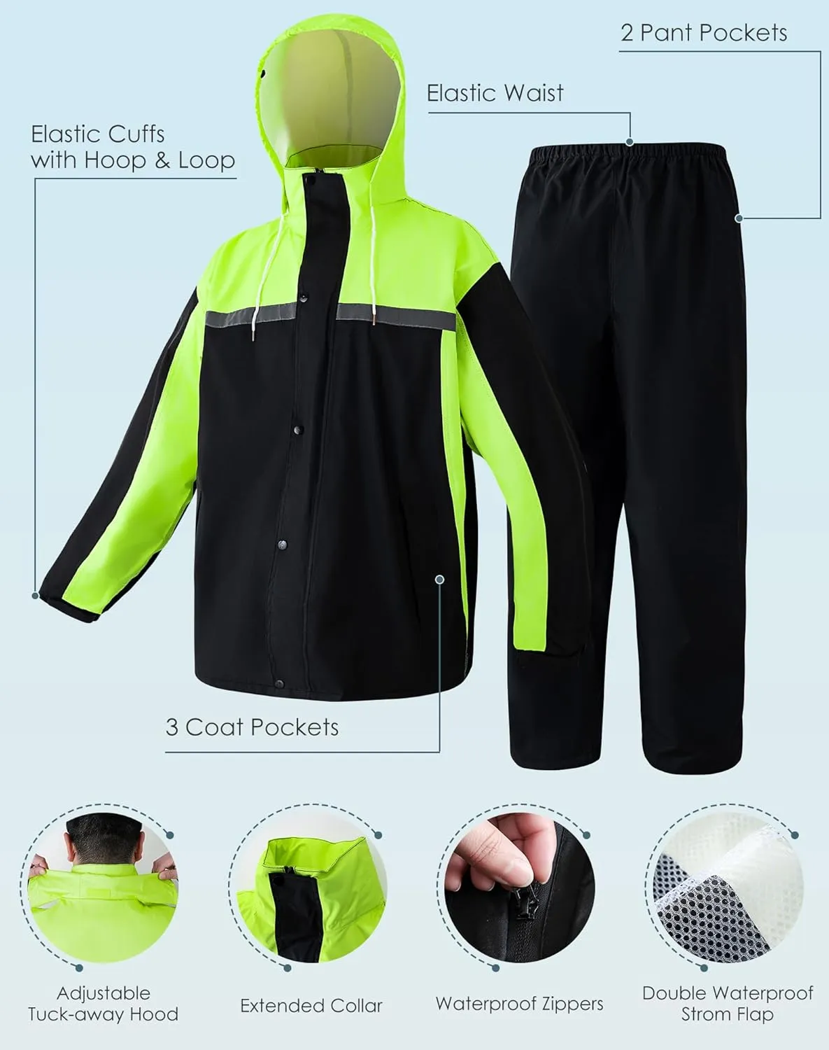 Motorcycle Rain Suit Waterproof Work Rain Jacket Pants Reflective Raincoat for Men Outdoor All-Sport Farm Fishing
