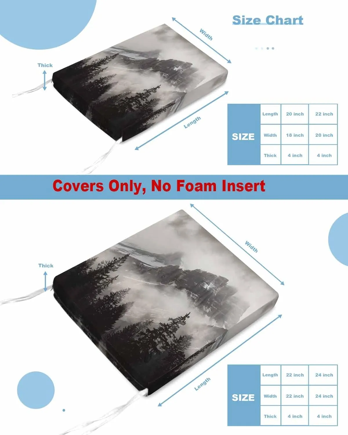 Mountains Forest Outdoor Cushion Chair Cover Set of 2 - Waterproof Couch Seat Covers, Modern Nature Fog Landscape Patio Furniture Protector Cushions Slipcovers for Sofa/RV, 22"x20"x4"