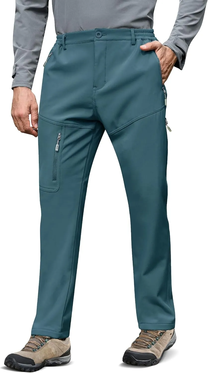 MOURCE Fleece Lined Hiking Pants Men - Waterproof Softshell Outdoor Ski Snow Cargo Pants with Zipper Pockets