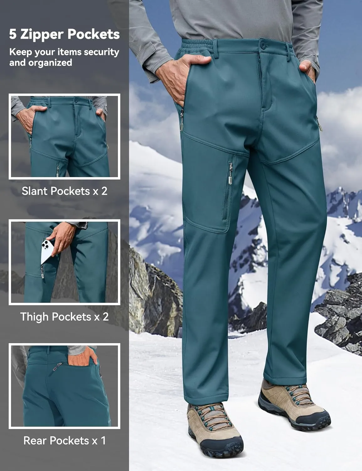 MOURCE Fleece Lined Hiking Pants Men - Waterproof Softshell Outdoor Ski Snow Cargo Pants with Zipper Pockets