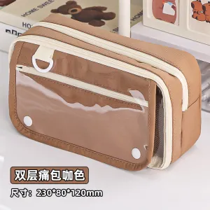 Multi-functional Transparent Pencil Case with Hidden Layer for Stationery and Badge Storage