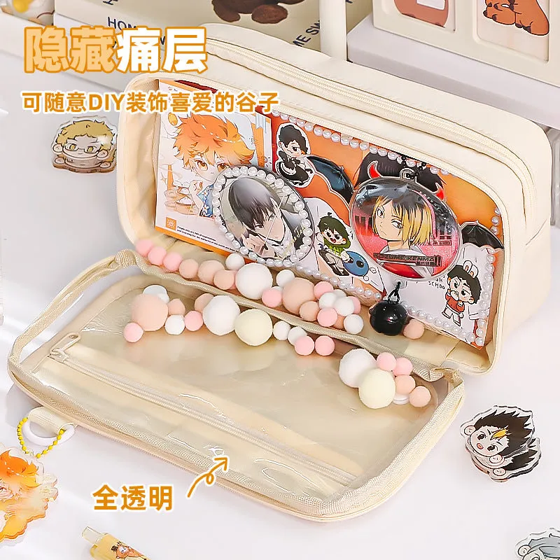Multi-functional Transparent Pencil Case with Hidden Layer for Stationery and Badge Storage