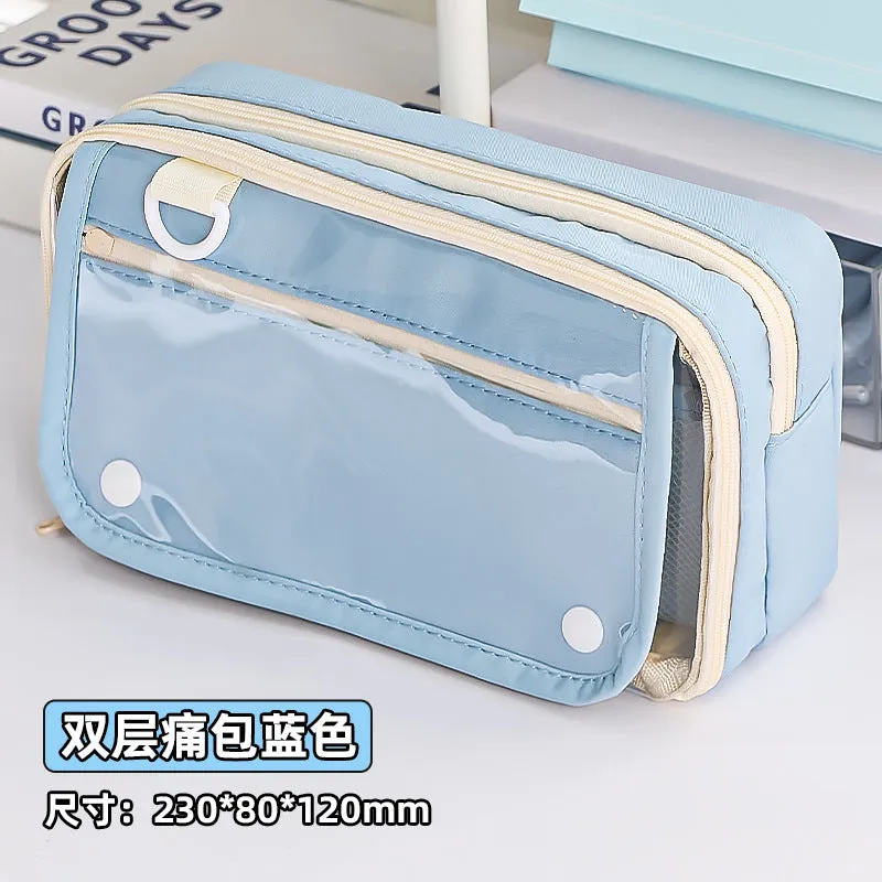Multi-functional Transparent Pencil Case with Hidden Layer for Stationery and Badge Storage