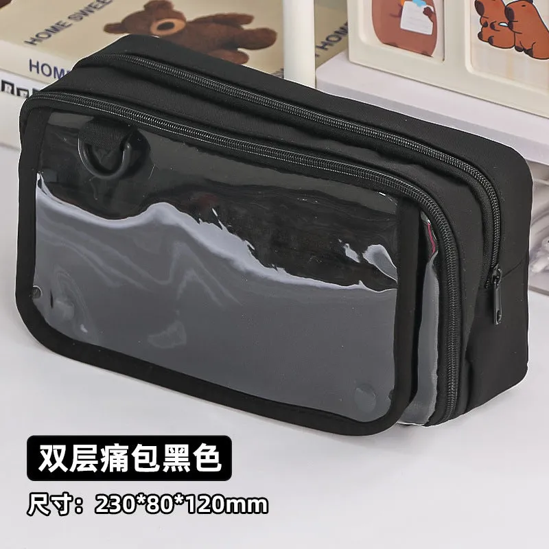 Multi-functional Transparent Pencil Case with Hidden Layer for Stationery and Badge Storage