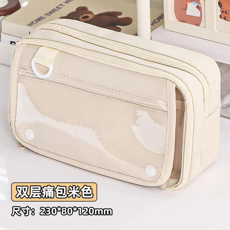 Multi-functional Transparent Pencil Case with Hidden Layer for Stationery and Badge Storage