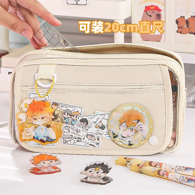 Multi-functional Transparent Pencil Case with Hidden Layer for Stationery and Badge Storage