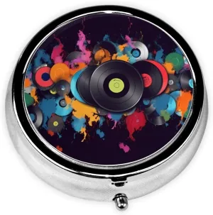 Multicolor Music Pill Box Round Pill Case for Pocket Purse 3 Compartment Medicine Pill Organizer Cute Portable Travel Pillbox Vitamin Cod Liver Oil Storage Box Unique Gift Organizer