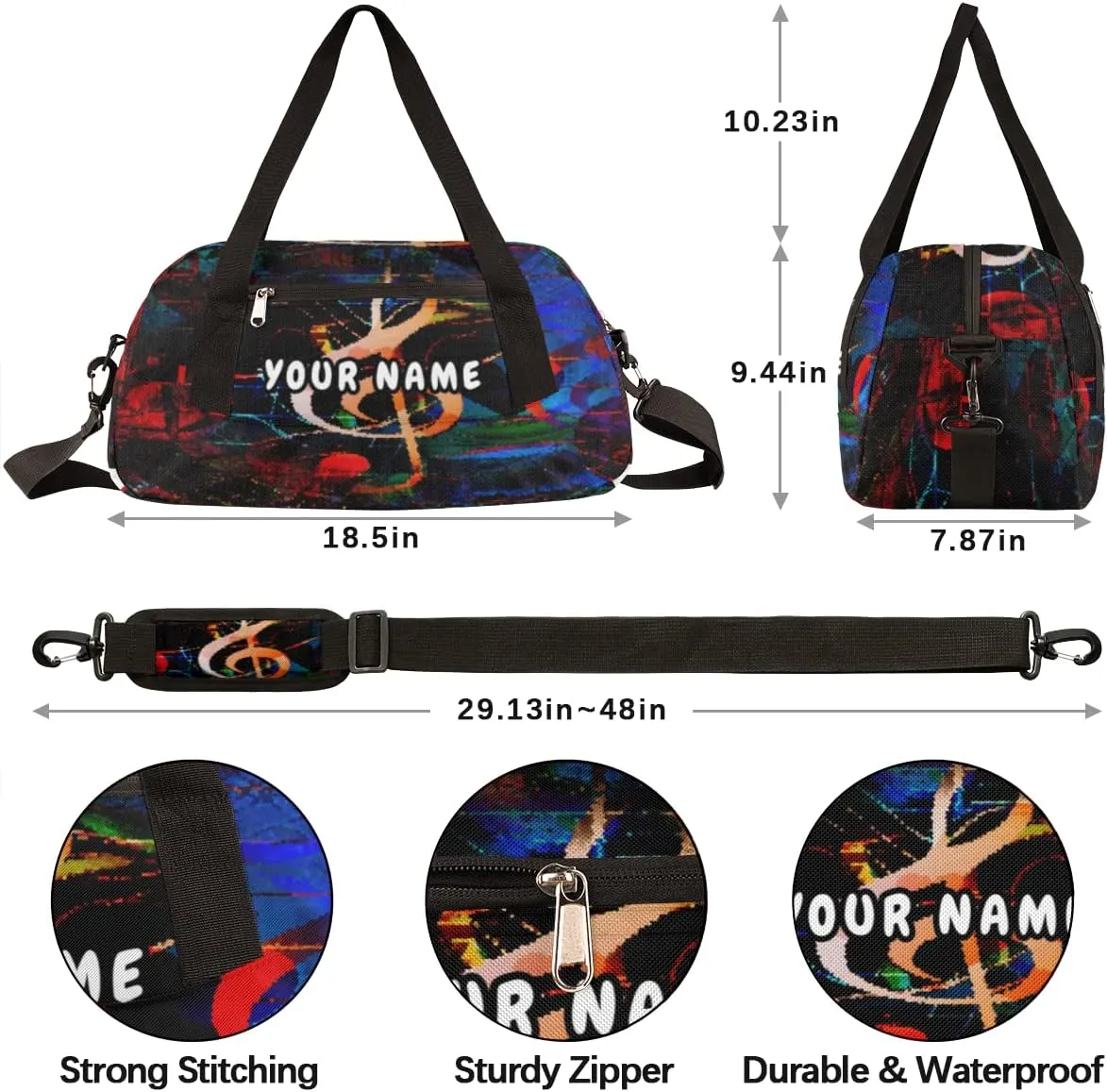 Music Notes Heart Personalized Kids Duffel Bag for Girls Boys, Music Notes Debris Custom Name Overnight Small Duffel Bag Carry On Weekend Sports Travel Bag for School Practice Gymnastics Ballet