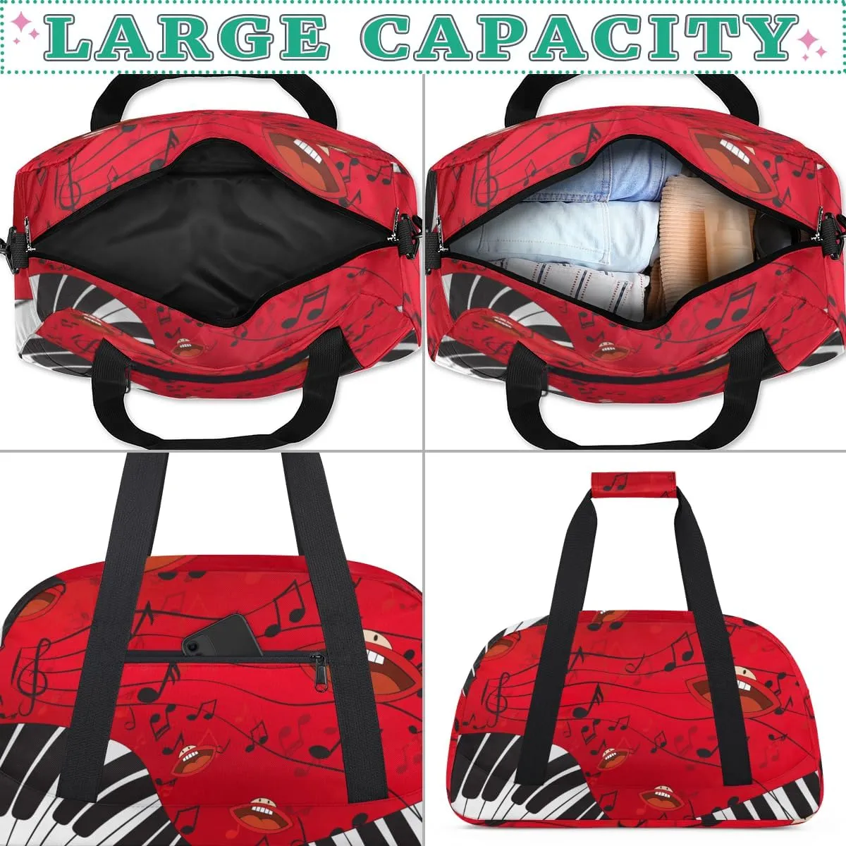 Music Piano Keys Musical Note Boys Girls Gym Bag Dance Perform Training Duffel Bags Weekender Carry-On Tote Luggage Bag Ideal for School Practice or Overnight Trips
