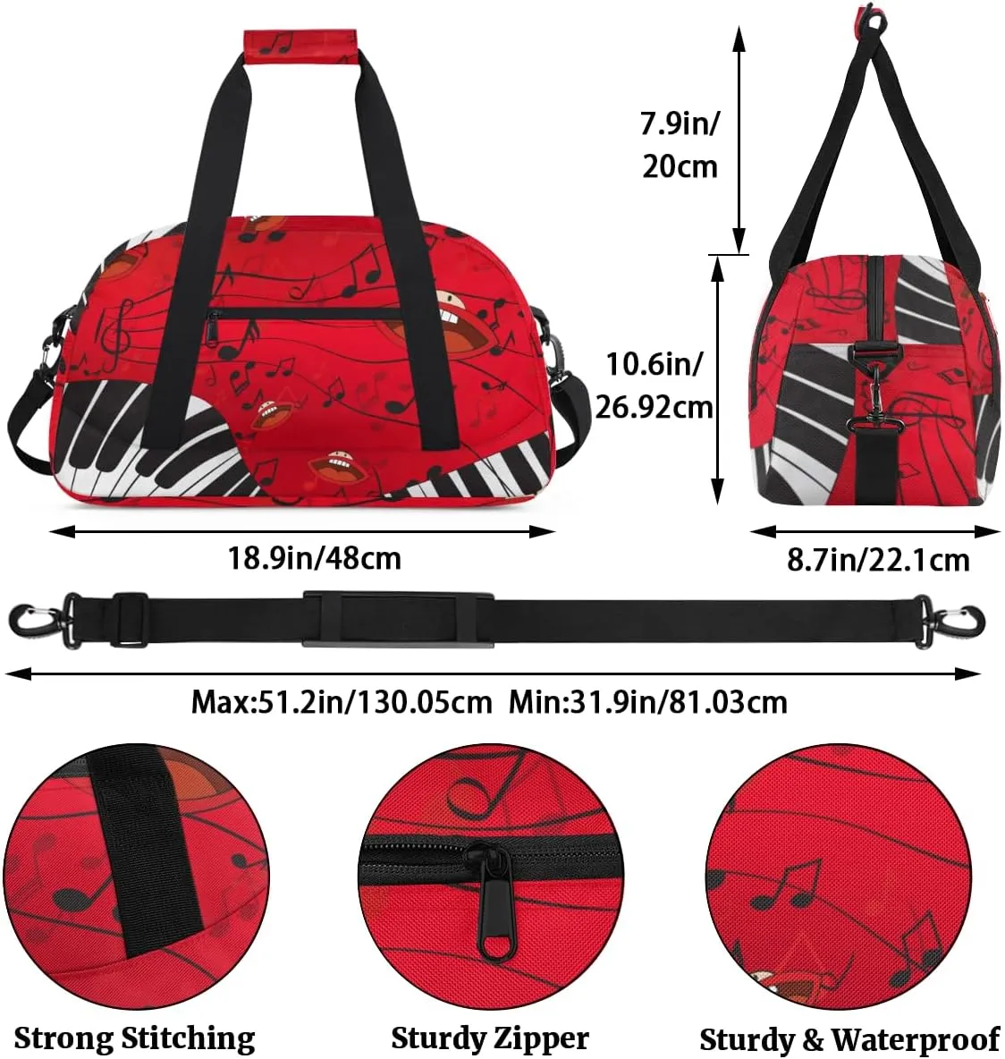 Music Piano Keys Musical Note Boys Girls Gym Bag Dance Perform Training Duffel Bags Weekender Carry-On Tote Luggage Bag Ideal for School Practice or Overnight Trips