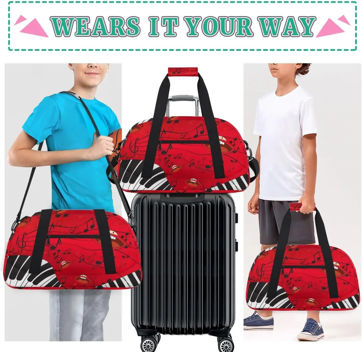 Music Piano Keys Musical Note Boys Girls Gym Bag Dance Perform Training Duffel Bags Weekender Carry-On Tote Luggage Bag Ideal for School Practice or Overnight Trips