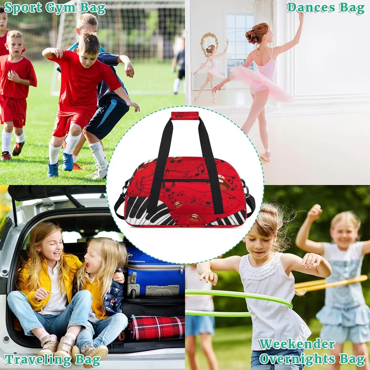 Music Piano Keys Musical Note Boys Girls Gym Bag Dance Perform Training Duffel Bags Weekender Carry-On Tote Luggage Bag Ideal for School Practice or Overnight Trips