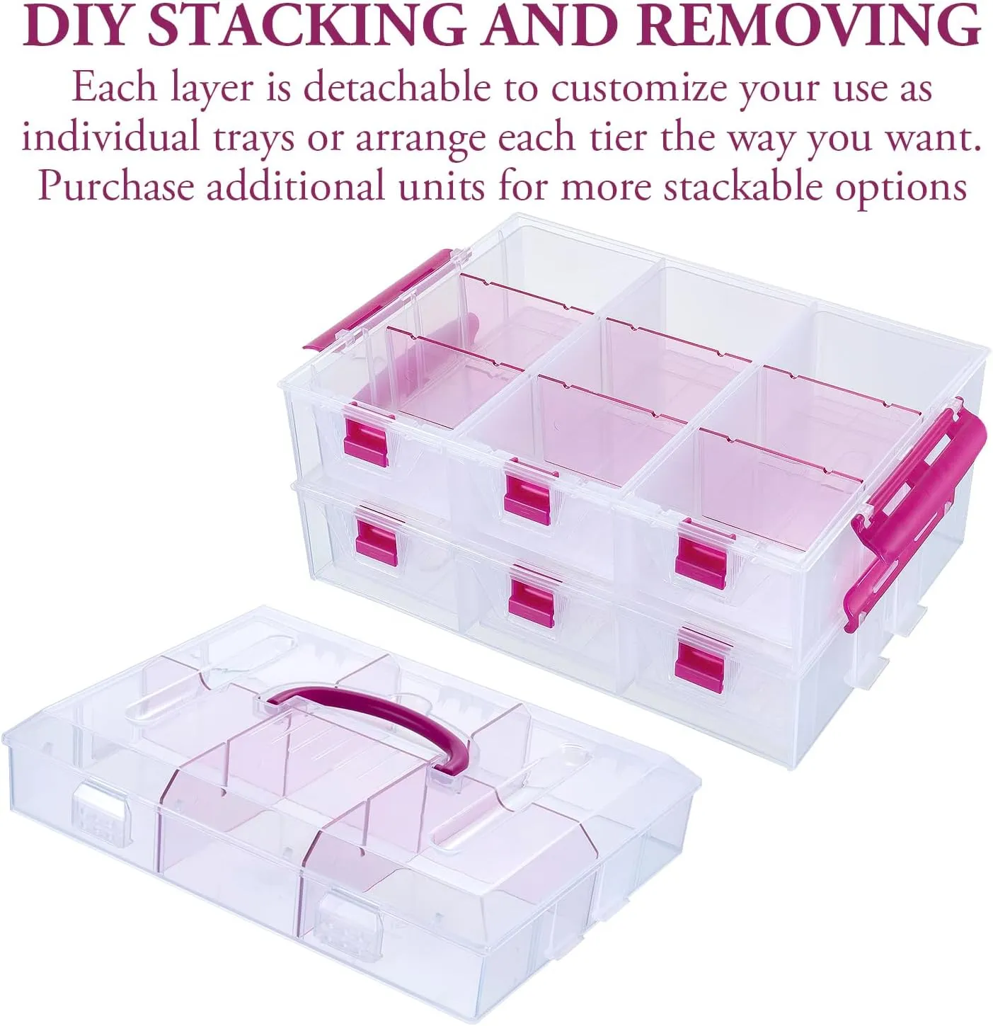 MyGift 11 Inch Clear Arts and Crafts Stackable Container, Sewing Supplies Storage Organizer Case with Pink Accents, 24 Customizable Compartments, and 6 Drawers with Removable Dividers