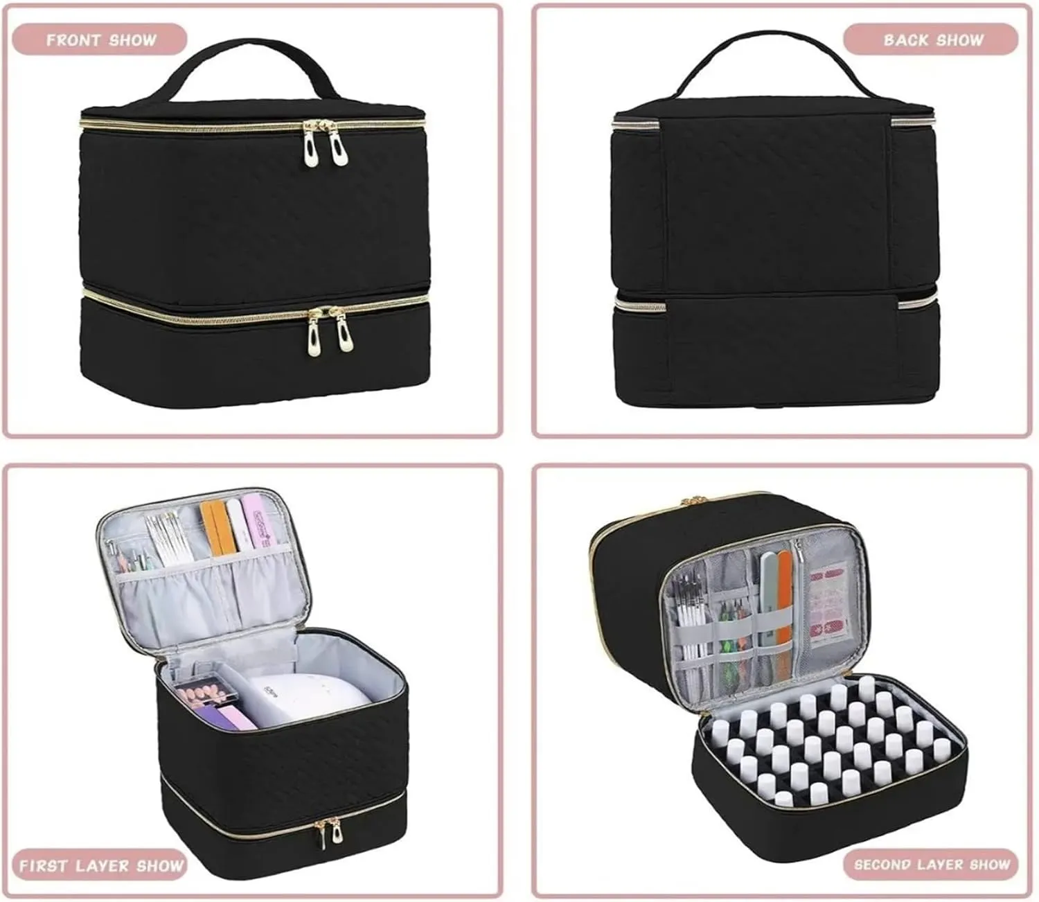 Nail Polish Carrying Case Bag – Holds 30 Bottles, Storage Organizer with Dividers – Double Layer Travel Nail Polish Holder Case for Manicure Tools, Nail Tech, DIY at Home or Salon (black)