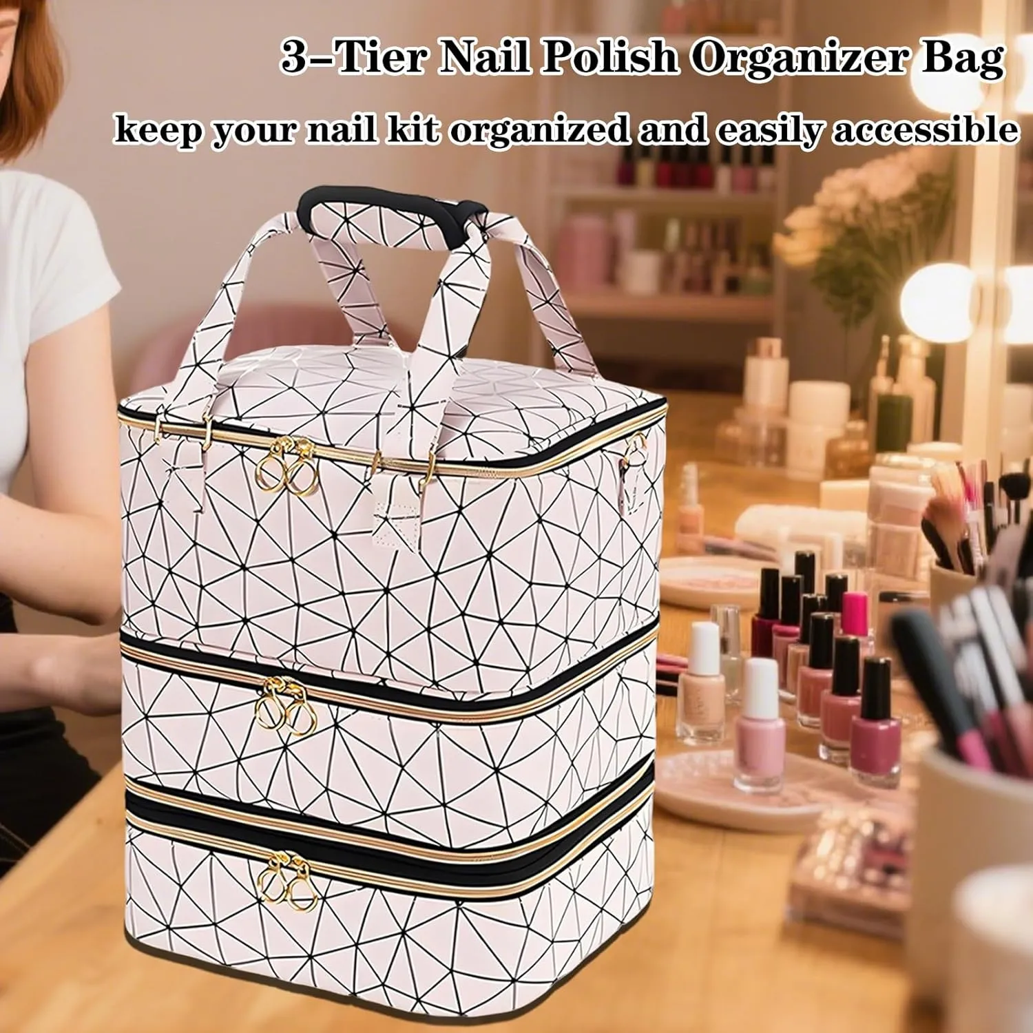 Nail Polish Organizer Bag, 3-Tier Nail Storage Organizer Holds 84 Bottles Nail Polish Nail Lamp Detachable Bottom Layer for Salon & Home Use(Pink)