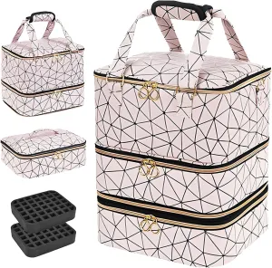 Nail Polish Organizer Bag, 3-Tier Nail Storage Organizer Holds 84 Bottles Nail Polish Nail Lamp Detachable Bottom Layer for Salon & Home Use(Pink)