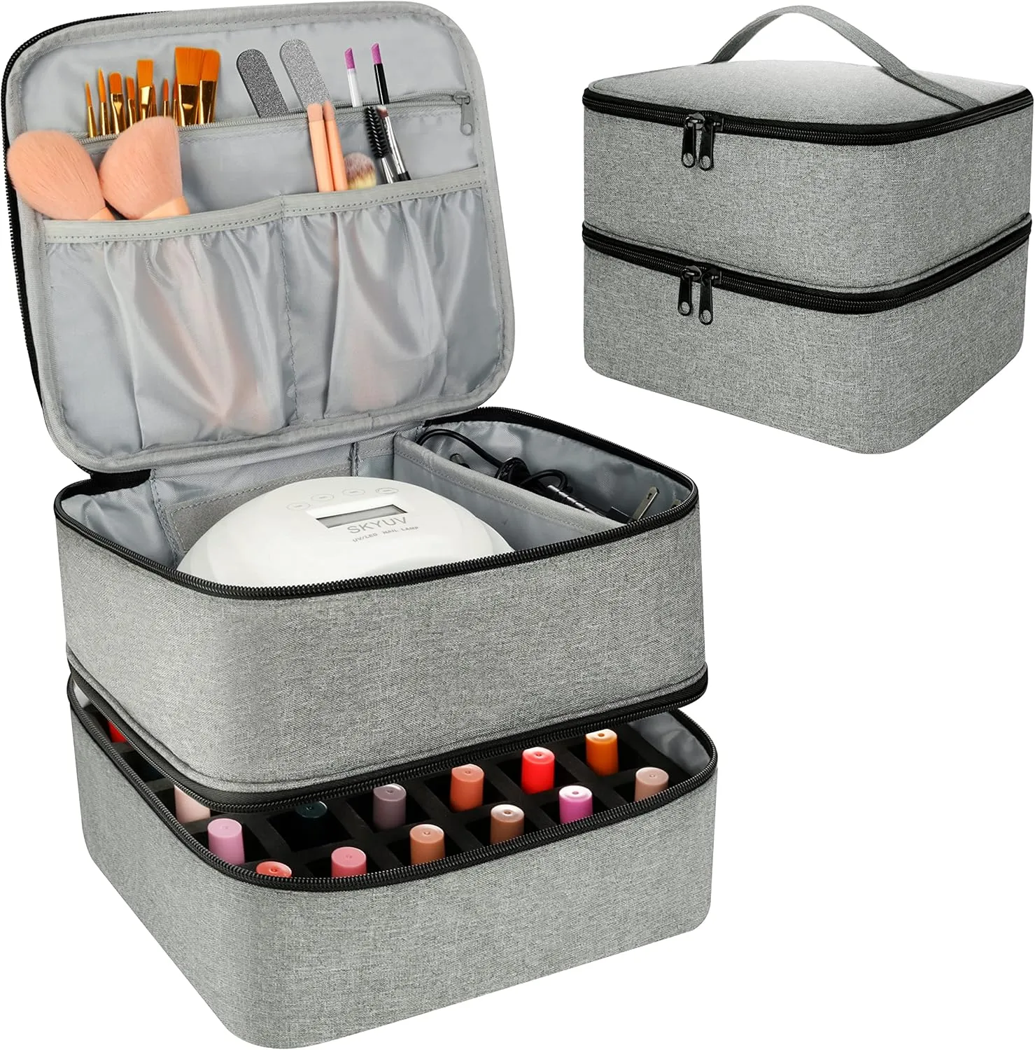 Nail Polish Organizer Bag, Double-Layer Nail Supplies Organizer Holds 30 Bottles & Nail Lamp, Professional Nail Kit Storage Carrying Case (Gray)