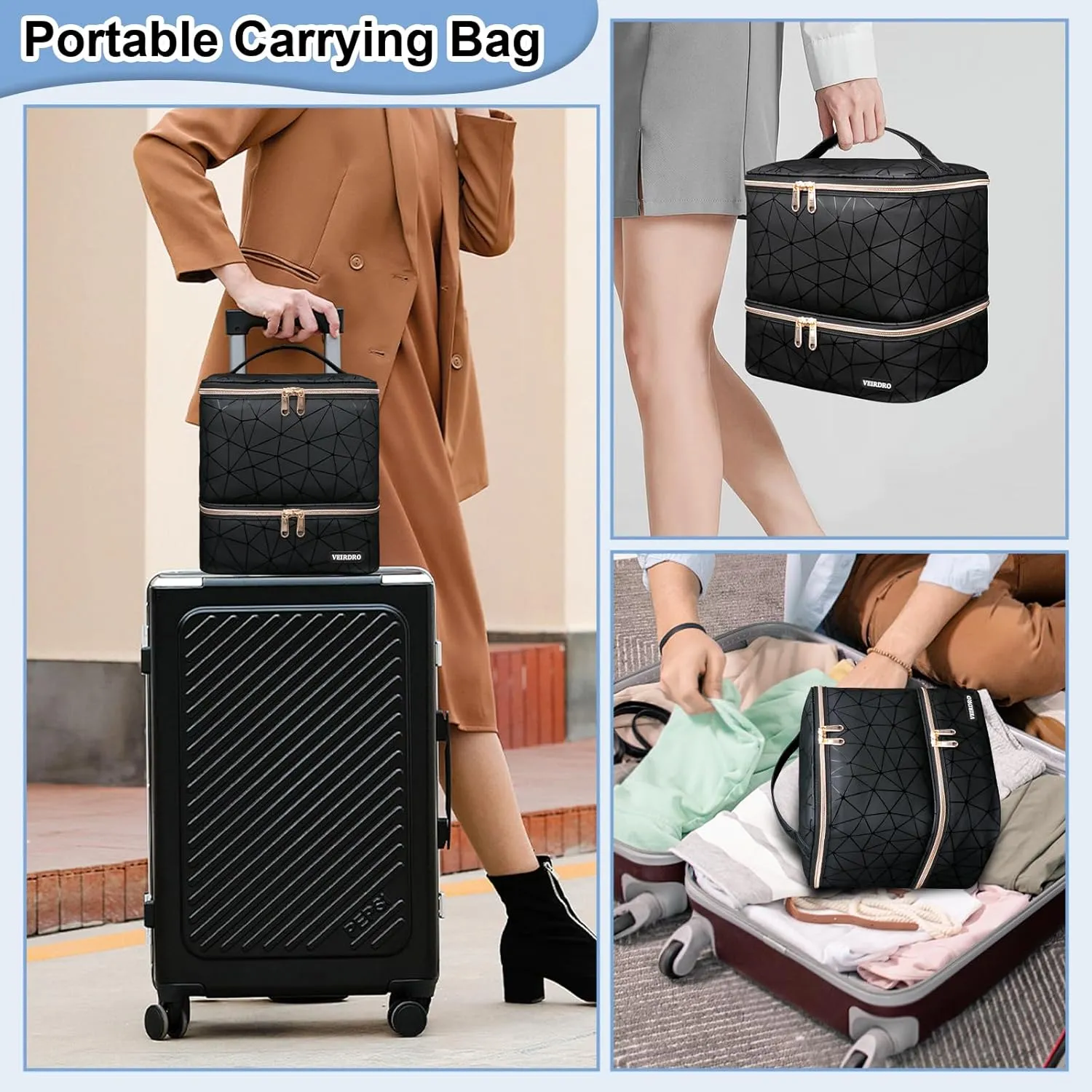 Nail Polish Organizer Bag Holds 30 Bottles (15ml/0.5 fl.oz)& Nail Lamp, Portable Travel Nail Kit Storage Carrying Case, Double Layer Nail Supplies Holder Bag PU Leather Women (Elegant Black)