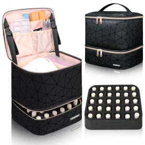 Nail Polish Organizer Bag Holds 30 Bottles (15ml/0.5 fl.oz)& Nail Lamp, Portable Travel Nail Kit Storage Carrying Case, Double Layer Nail Supplies Holder Bag PU Leather Women (Elegant Black)