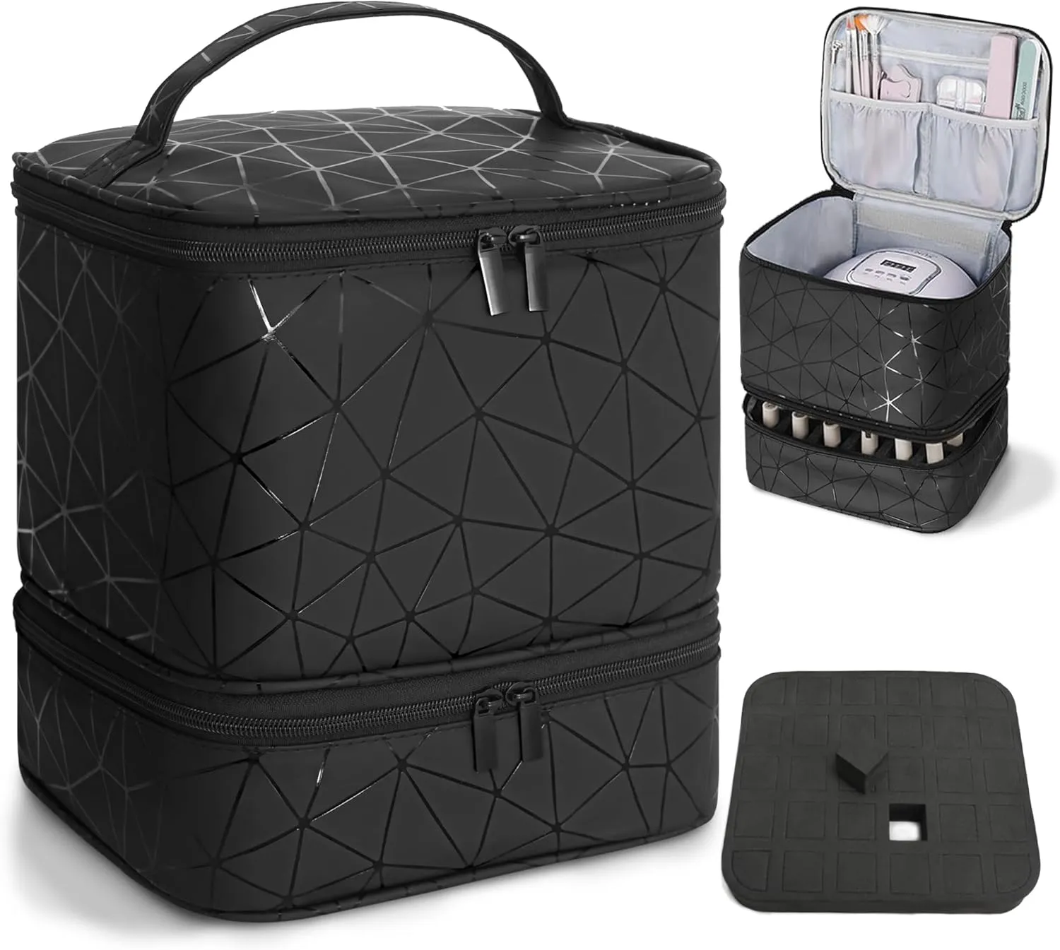 Nail Polish Organizer Bag, PU Leather Organizer for 30  Bottles (15ml/0.5fl.oz) and Nail Lamp, Double-Layer Nail Stuff Carrying Bag (Black, 30-Bottles)