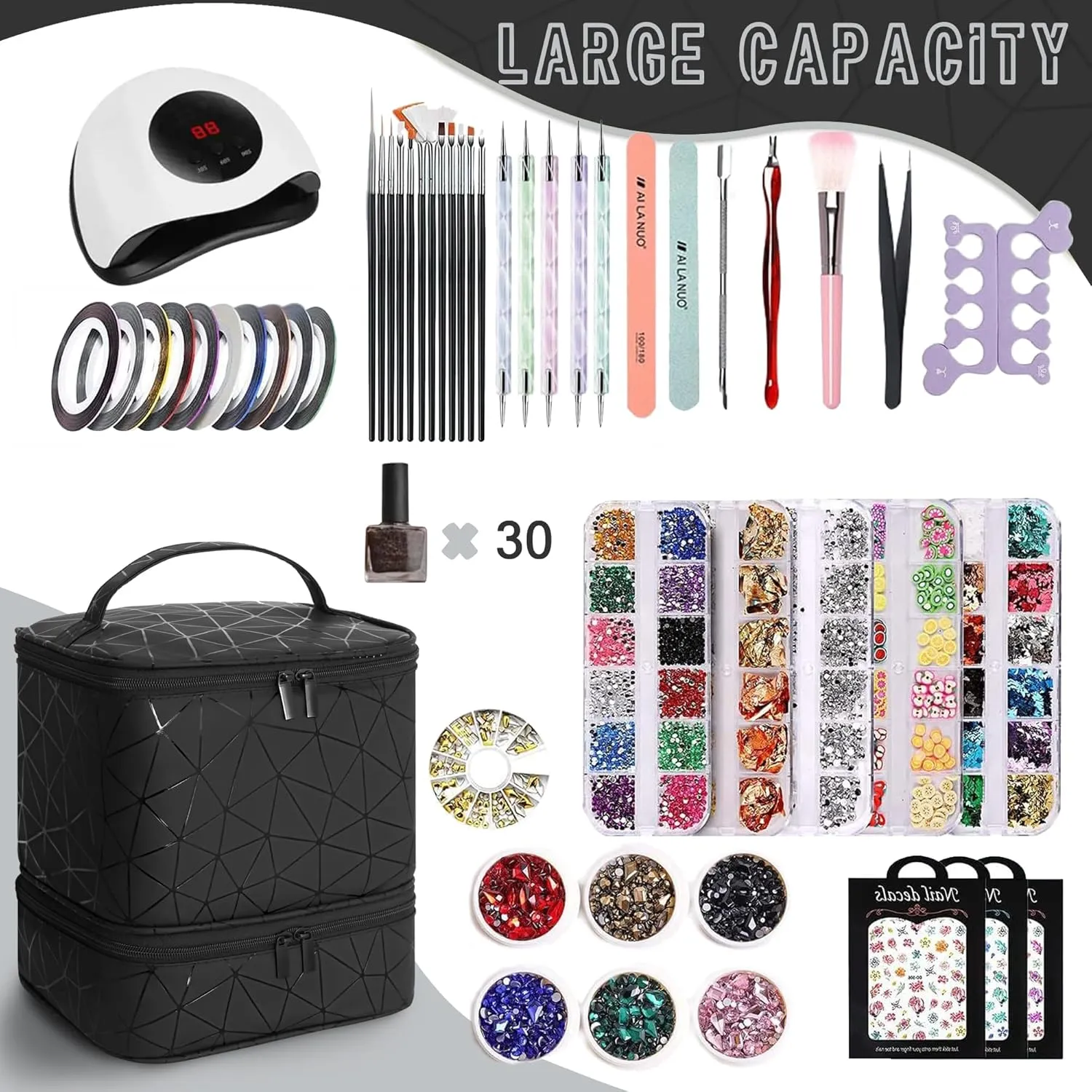 Nail Polish Organizer Bag, PU Leather Organizer for 30  Bottles (15ml/0.5fl.oz) and Nail Lamp, Double-Layer Nail Stuff Carrying Bag (Black, 30-Bottles)