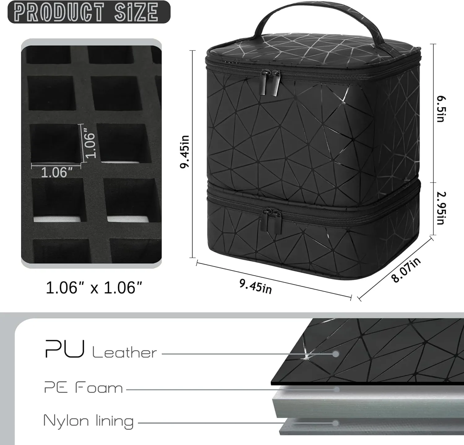Nail Polish Organizer Bag, PU Leather Organizer for 30  Bottles (15ml/0.5fl.oz) and Nail Lamp, Double-Layer Nail Stuff Carrying Bag (Black, 30-Bottles)