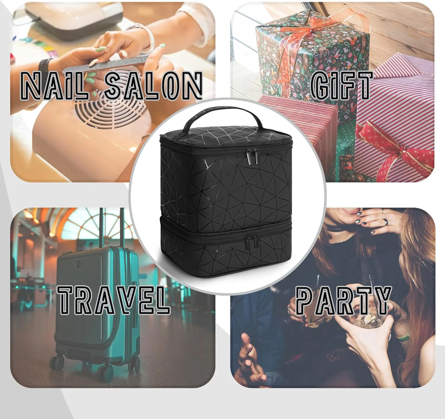 Nail Polish Organizer Bag, PU Leather Organizer for 30  Bottles (15ml/0.5fl.oz) and Nail Lamp, Double-Layer Nail Stuff Carrying Bag (Black, 30-Bottles)