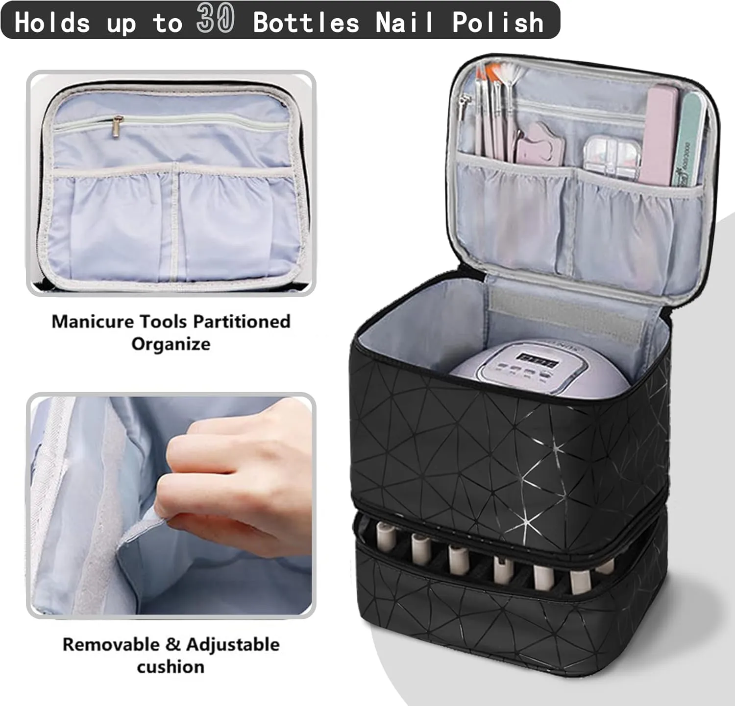 Nail Polish Organizer Bag, PU Leather Organizer for 30  Bottles (15ml/0.5fl.oz) and Nail Lamp, Double-Layer Nail Stuff Carrying Bag (Black, 30-Bottles)