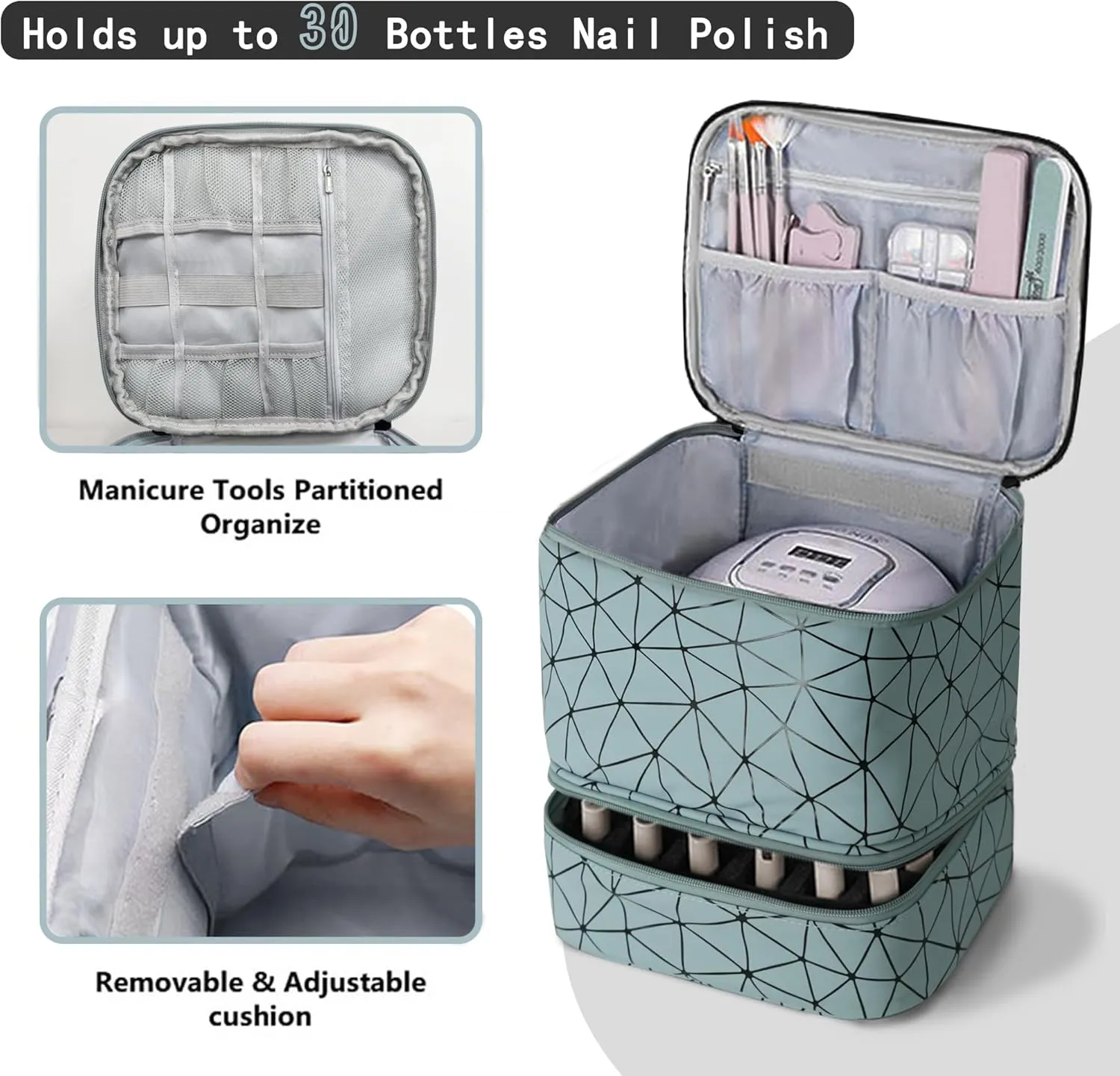 Nail Polish Organizer Bag, PU Leather Organizer for 30  Bottles (15ml/0.5fl.oz) and Nail Lamp, Double-Layer Nail Stuff Carrying Bag (Blue, 30-Bottles)