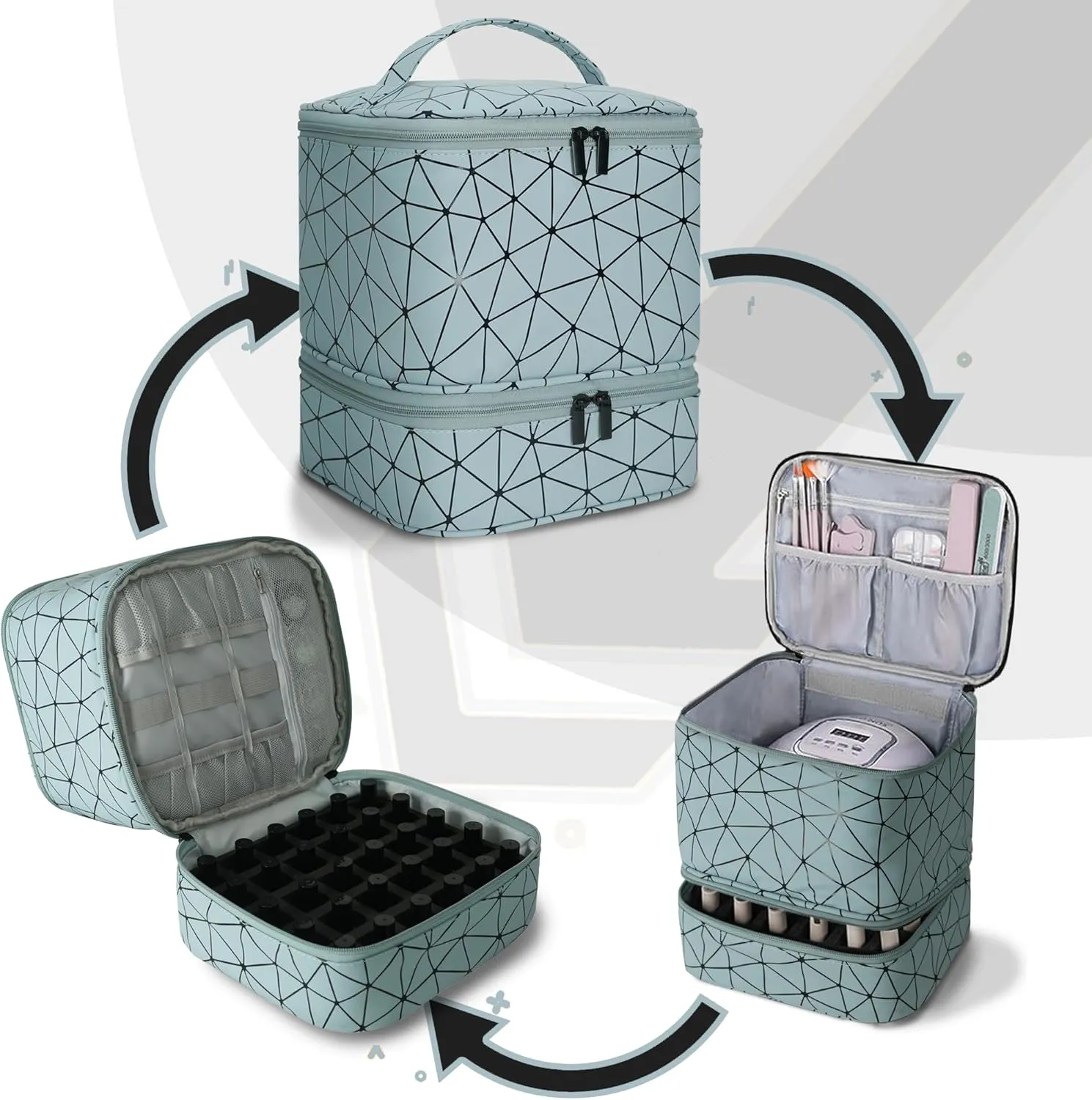 Nail Polish Organizer Bag, PU Leather Organizer for 30  Bottles (15ml/0.5fl.oz) and Nail Lamp, Double-Layer Nail Stuff Carrying Bag (Blue, 30-Bottles)