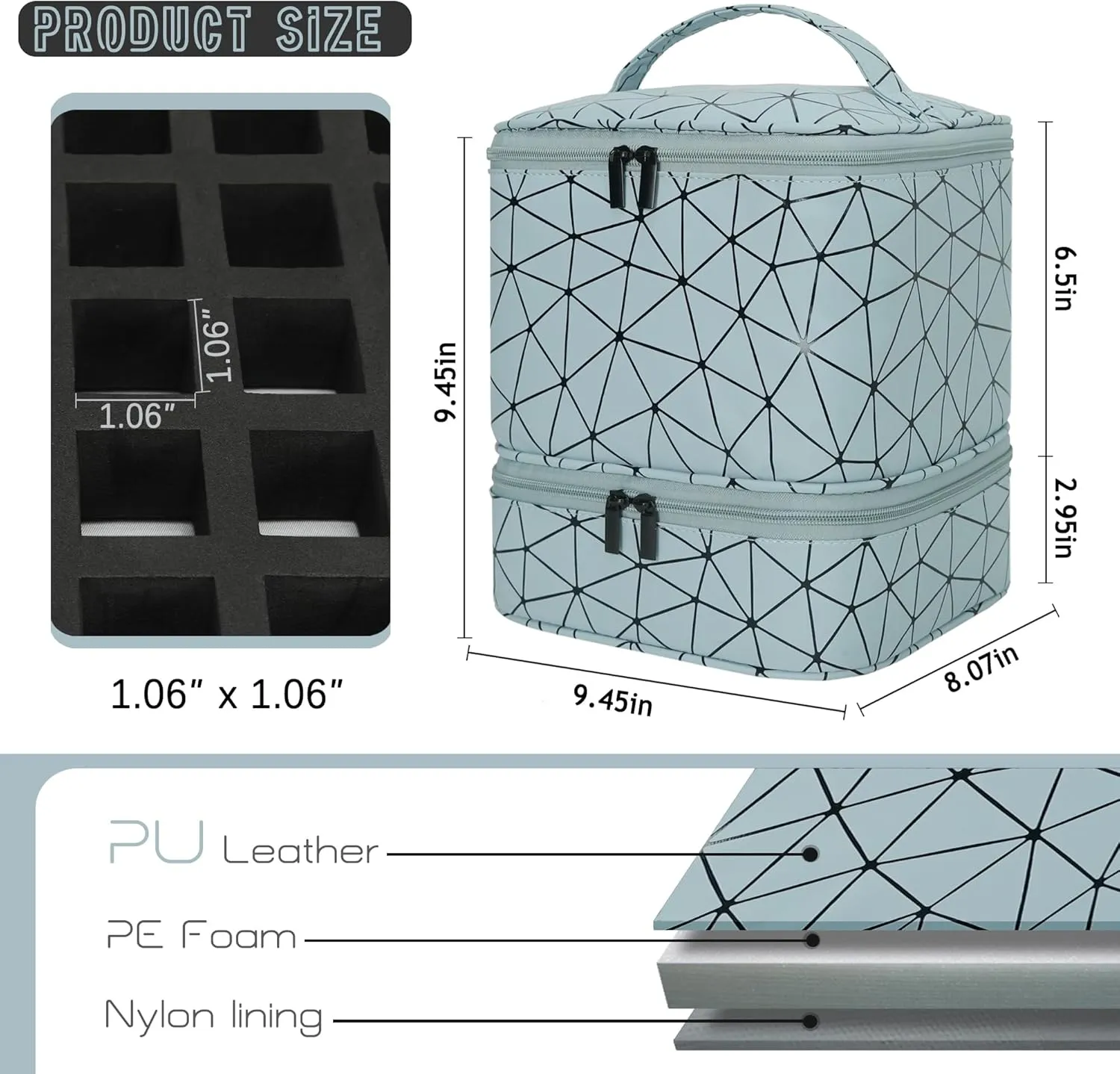 Nail Polish Organizer Bag, PU Leather Organizer for 30  Bottles (15ml/0.5fl.oz) and Nail Lamp, Double-Layer Nail Stuff Carrying Bag (Blue, 30-Bottles)