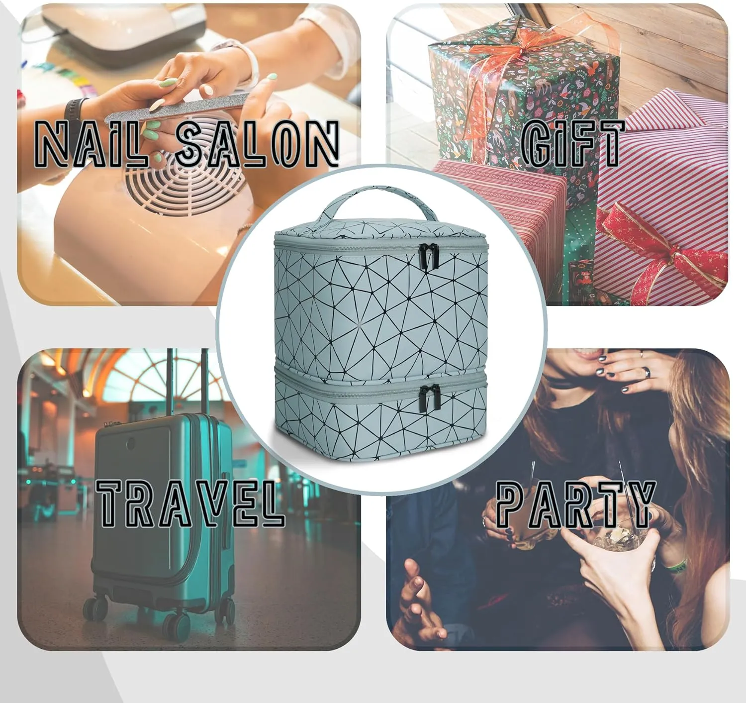 Nail Polish Organizer Bag, PU Leather Organizer for 30  Bottles (15ml/0.5fl.oz) and Nail Lamp, Double-Layer Nail Stuff Carrying Bag (Blue, 30-Bottles)
