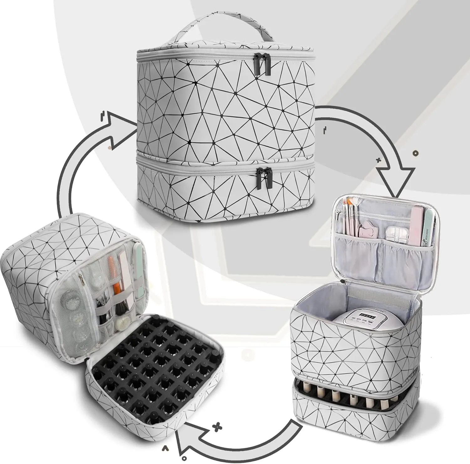 Nail Polish Organizer Bag, PU Leather Organizer for 30  Bottles (15ml/0.5fl.oz) and Nail Lamp, Double-Layer Nail Stuff Carrying Bag (white, 30-Bottles)