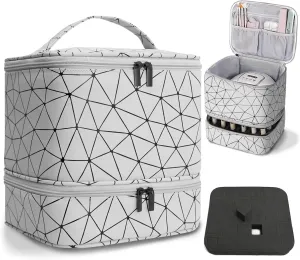 Nail Polish Organizer Bag, PU Leather Organizer for 30  Bottles (15ml/0.5fl.oz) and Nail Lamp, Double-Layer Nail Stuff Carrying Bag (white, 30-Bottles)