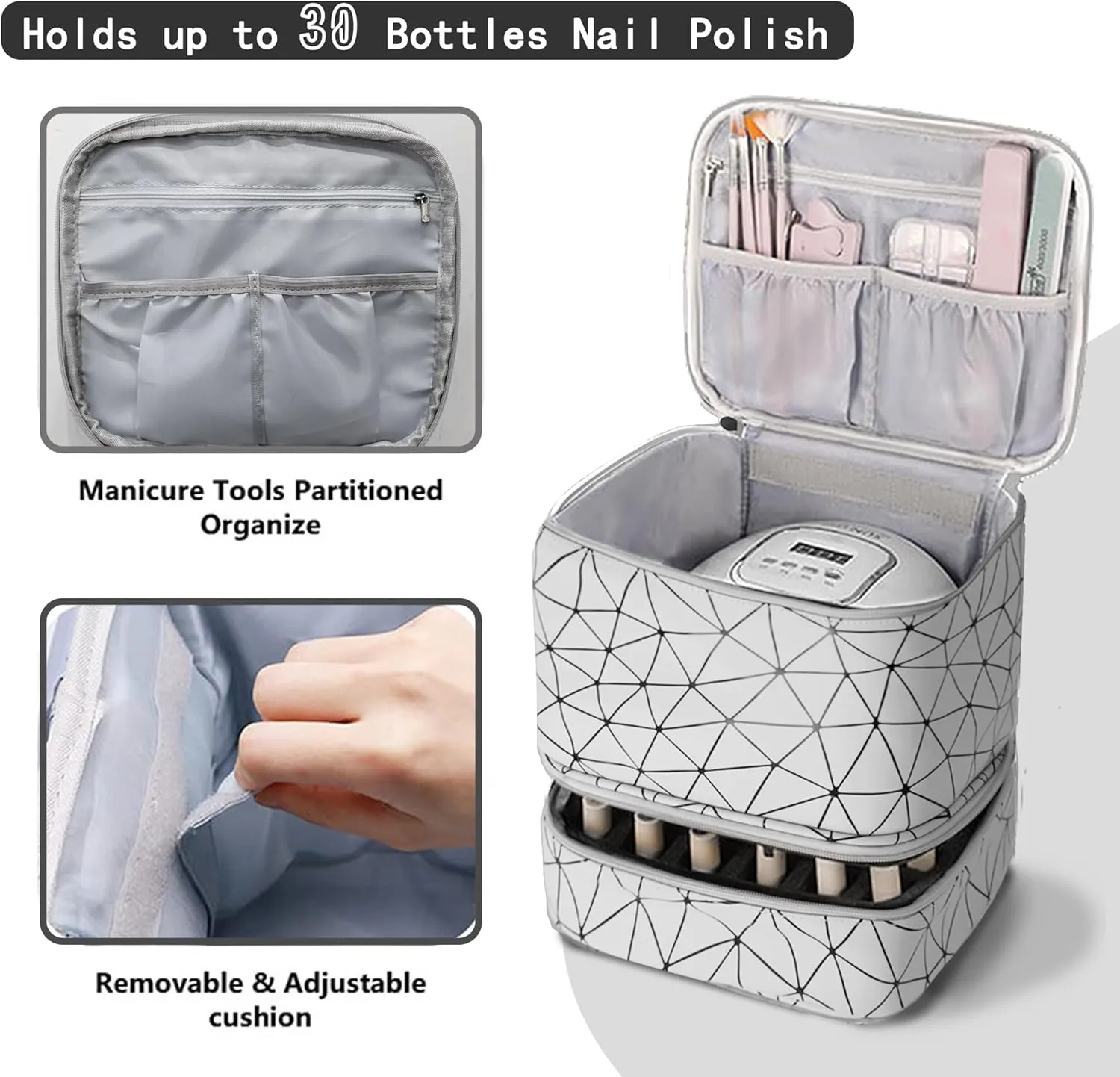 Nail Polish Organizer Bag, PU Leather Organizer for 30  Bottles (15ml/0.5fl.oz) and Nail Lamp, Double-Layer Nail Stuff Carrying Bag (white, 30-Bottles)