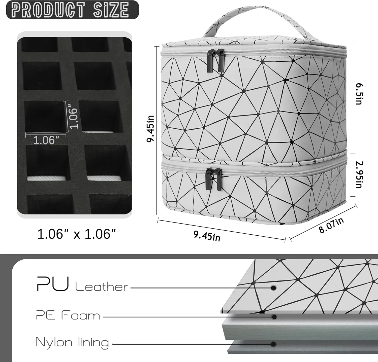 Nail Polish Organizer Bag, PU Leather Organizer for 30  Bottles (15ml/0.5fl.oz) and Nail Lamp, Double-Layer Nail Stuff Carrying Bag (white, 30-Bottles)