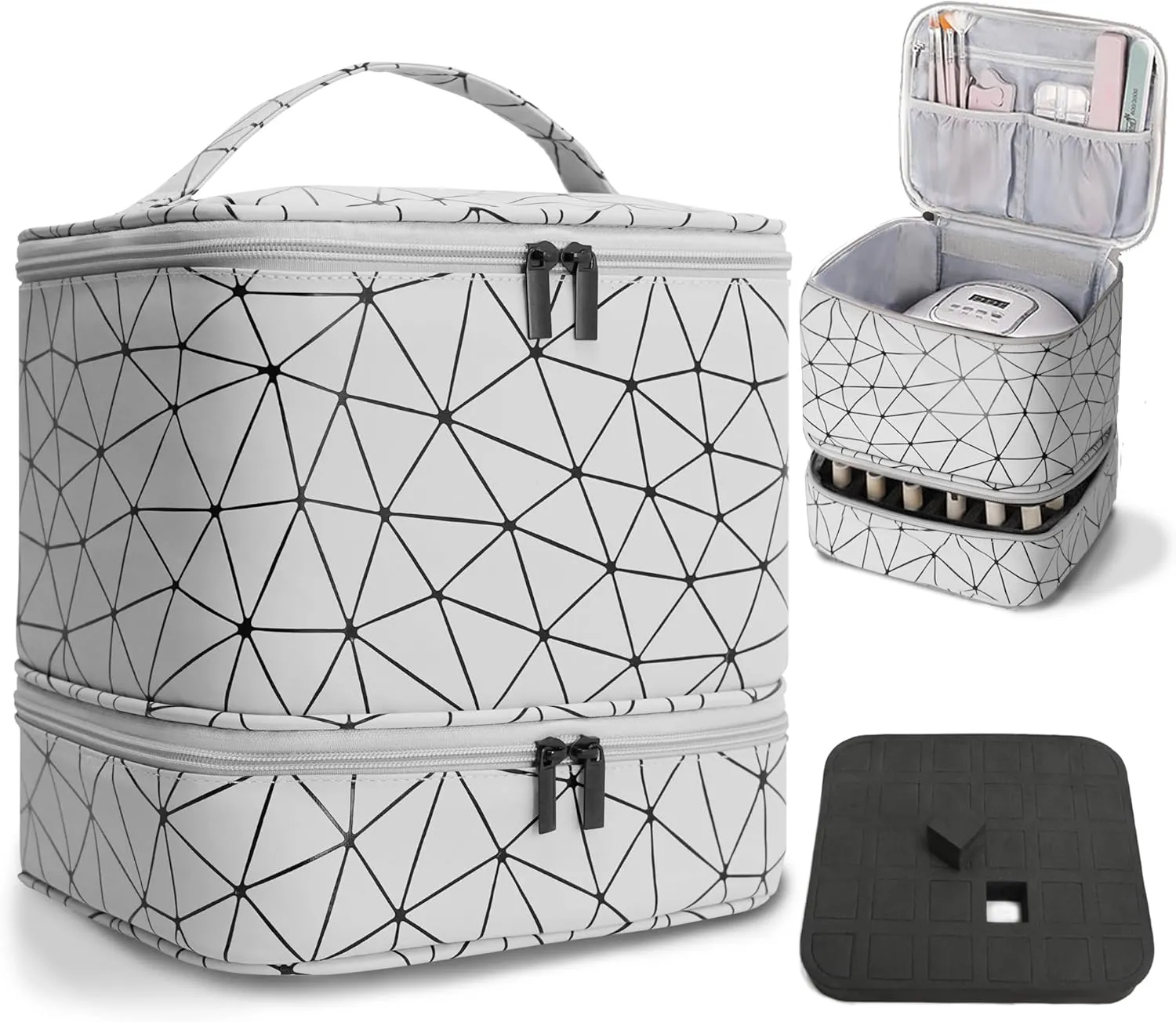Nail Polish Organizer Bag, PU Leather Organizer for 30  Bottles (15ml/0.5fl.oz) and Nail Lamp, Double-Layer Nail Stuff Carrying Bag (white, 30-Bottles)