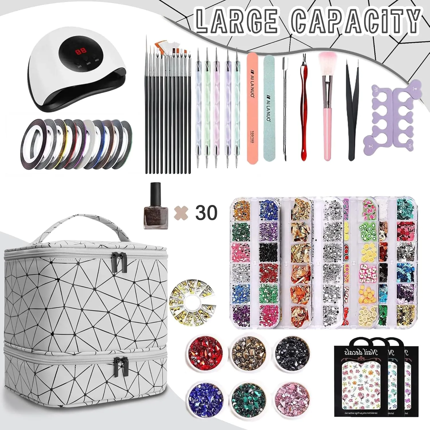 Nail Polish Organizer Bag, PU Leather Organizer for 30  Bottles (15ml/0.5fl.oz) and Nail Lamp, Double-Layer Nail Stuff Carrying Bag (white, 30-Bottles)