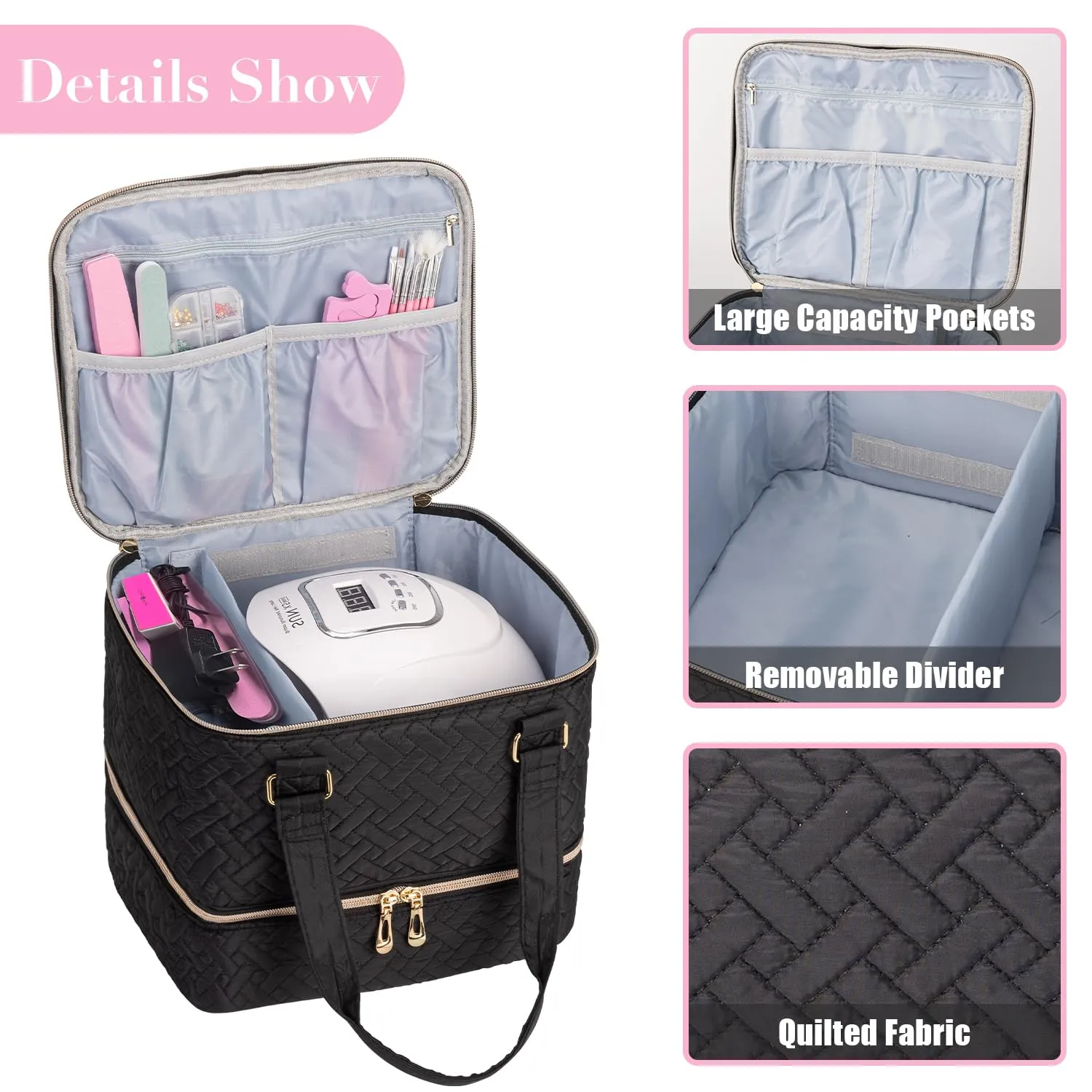 Nail Polish Organizer Case Double Layers Nail Polish Storage Bag Holds 42 Bottles & 1 Nail Lamp Ge Polish Carrying Case Gel Nail Bag Manicure Supplies Storage Organizers (BLACK)