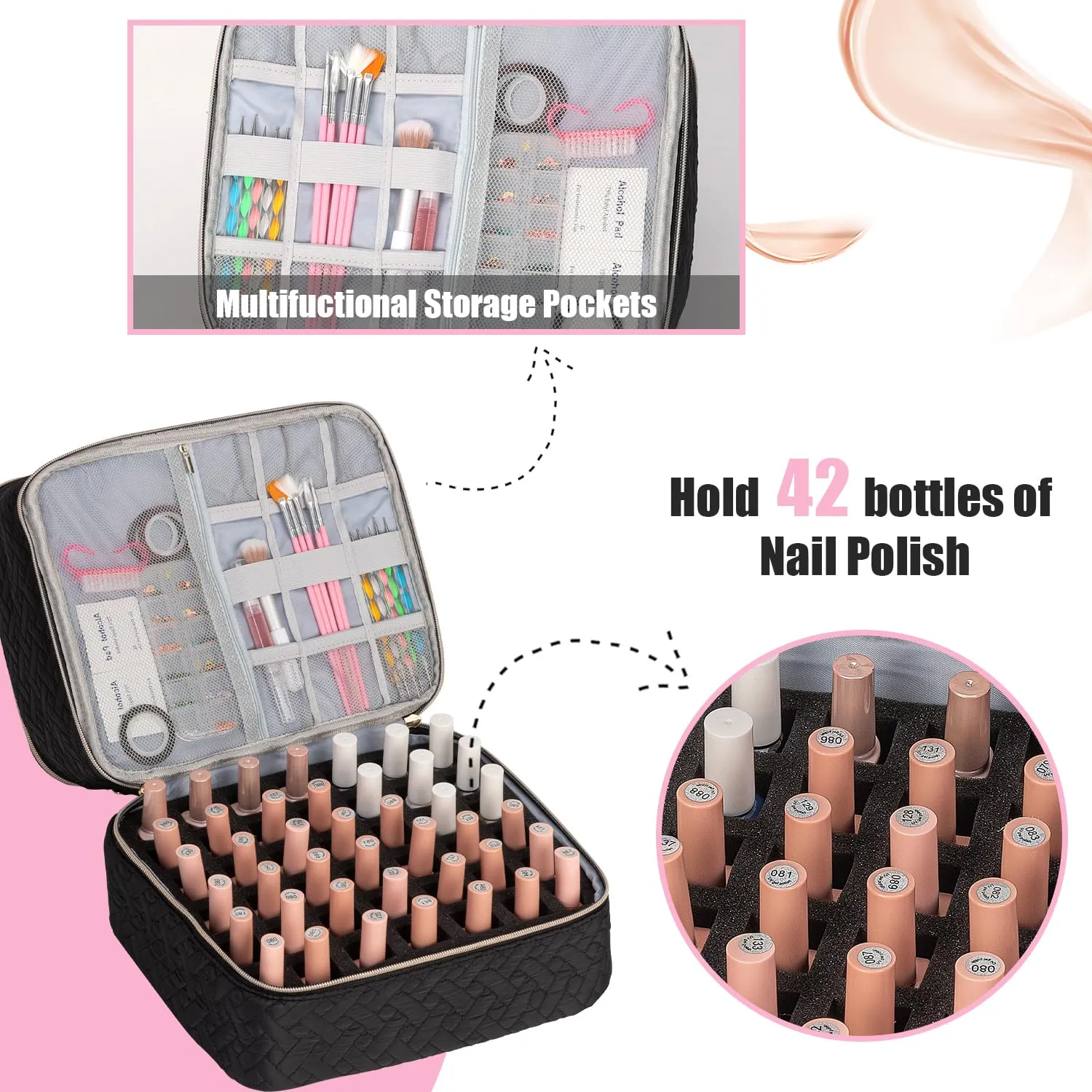 Nail Polish Organizer Case Double Layers Nail Polish Storage Bag Holds 42 Bottles & 1 Nail Lamp Ge Polish Carrying Case Gel Nail Bag Manicure Supplies Storage Organizers (BLACK)