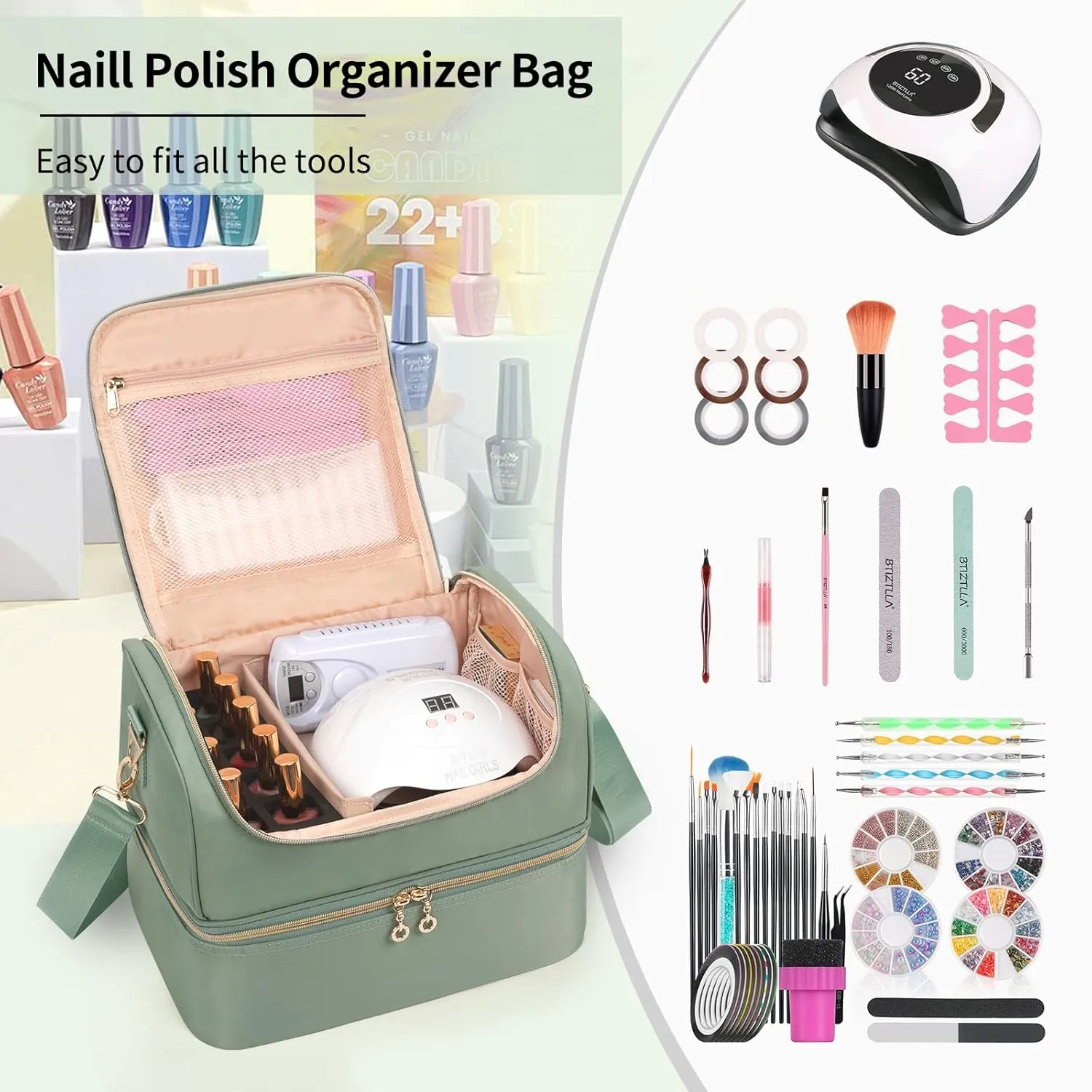 Nail Polish Organizer Case, Nail Supplies Storage Box Holds 45 Bottles Nail Polish & Nail Lamp, Travel Nail Tech Carrying Case, Nail Kit Bag For Nail Stuff & Manicure Tools