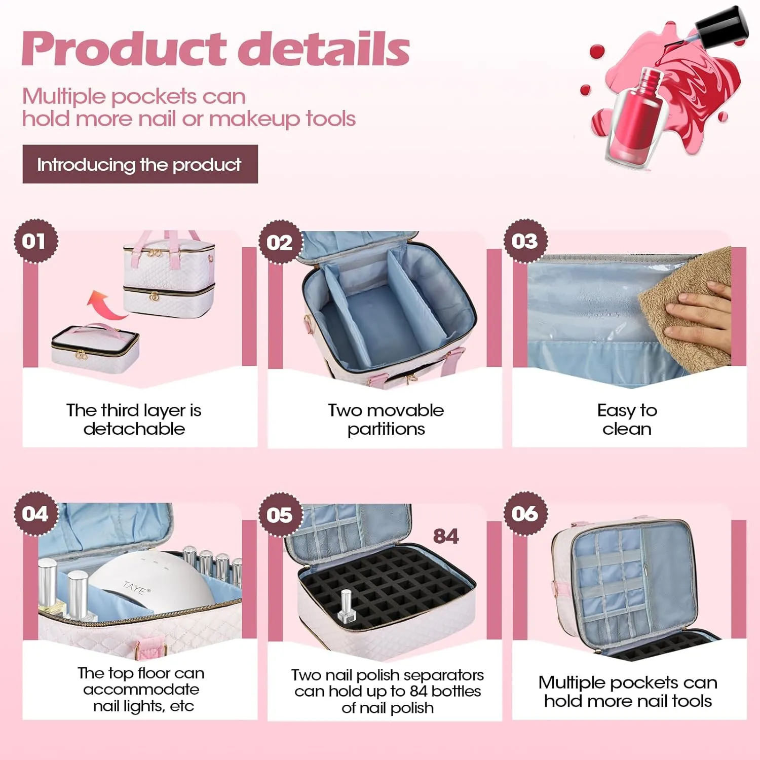 Nail Polish Organizer Case - Three Layer Nail Polish Storage Bag with Adjustable Dividers Holds 84 Bottles Nail Polish Nail Lamp Nail Kit Supplies Organizer Box - Pink