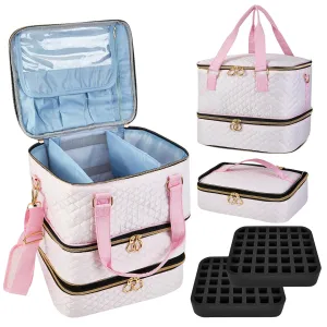 Nail Polish Organizer Case - Three Layer Nail Polish Storage Bag with Adjustable Dividers Holds 84 Bottles Nail Polish Nail Lamp Nail Kit Supplies Organizer Box - Pink
