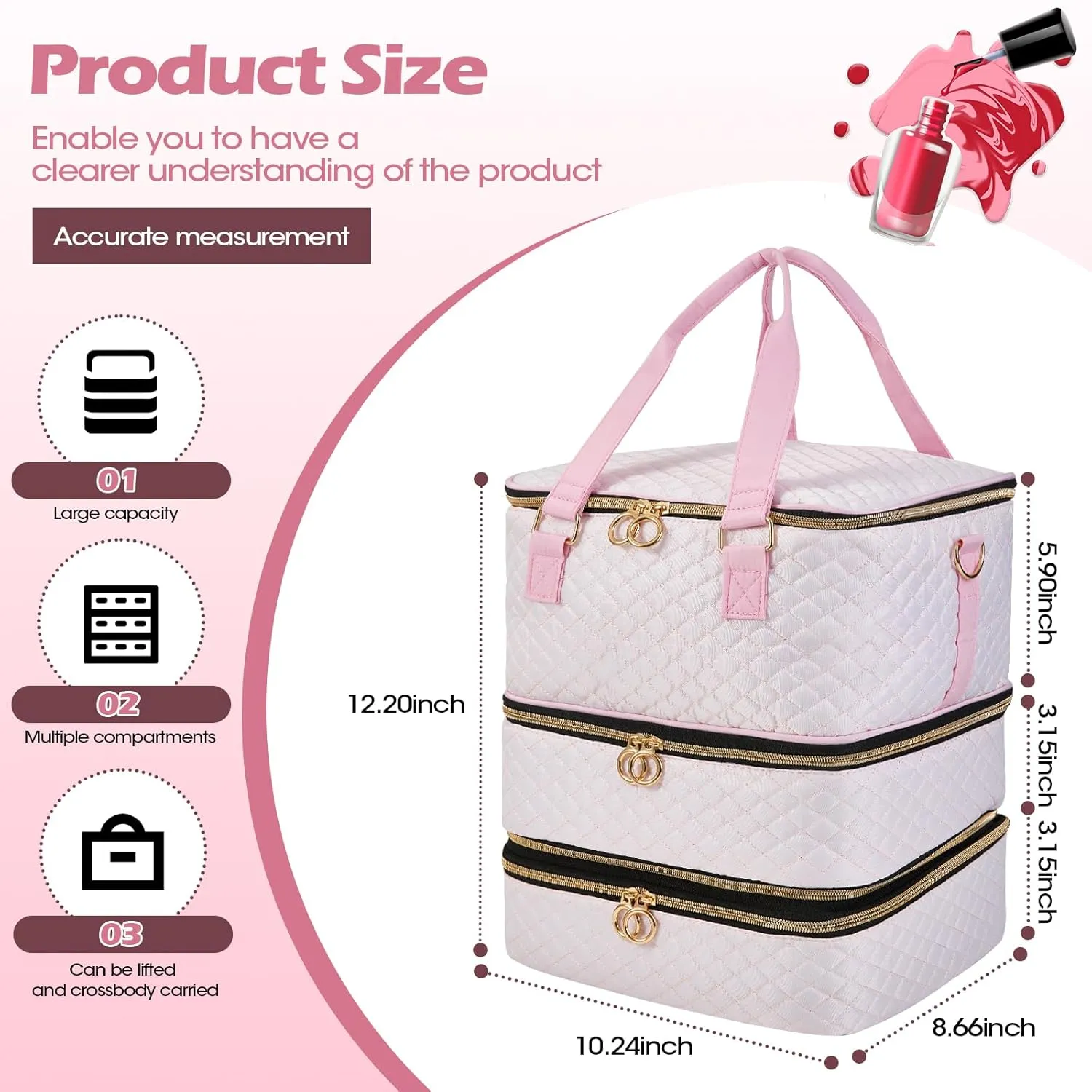 Nail Polish Organizer Case - Three Layer Nail Polish Storage Bag with Adjustable Dividers Holds 84 Bottles Nail Polish Nail Lamp Nail Kit Supplies Organizer Box - Pink