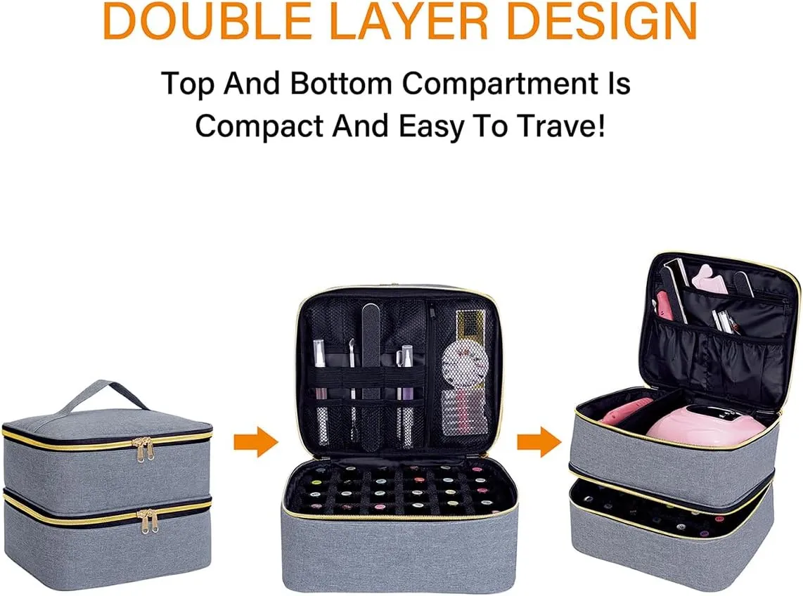Nail Polish Organizer, Handheld Double Layer Organizer Holds 30 Bottles (15 ml/0.5 floz) with Adjustable Dividers for Nail Polish Small Manicure Lamp Manicure Tools Essential and Travel,Gray Gold