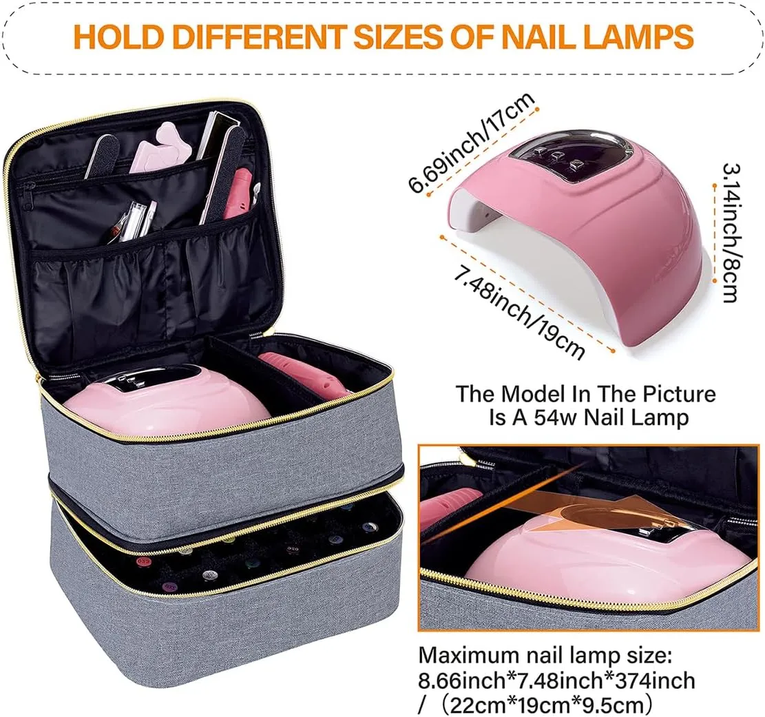 Nail Polish Organizer, Handheld Double Layer Organizer Holds 30 Bottles (15 ml/0.5 floz) with Adjustable Dividers for Nail Polish Small Manicure Lamp Manicure Tools Essential and Travel,Gray Gold