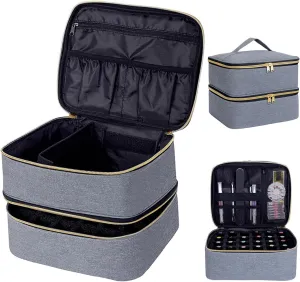 Nail Polish Organizer, Handheld Double Layer Organizer Holds 30 Bottles (15 ml/0.5 floz) with Adjustable Dividers for Nail Polish Small Manicure Lamp Manicure Tools Essential and Travel,Gray Gold