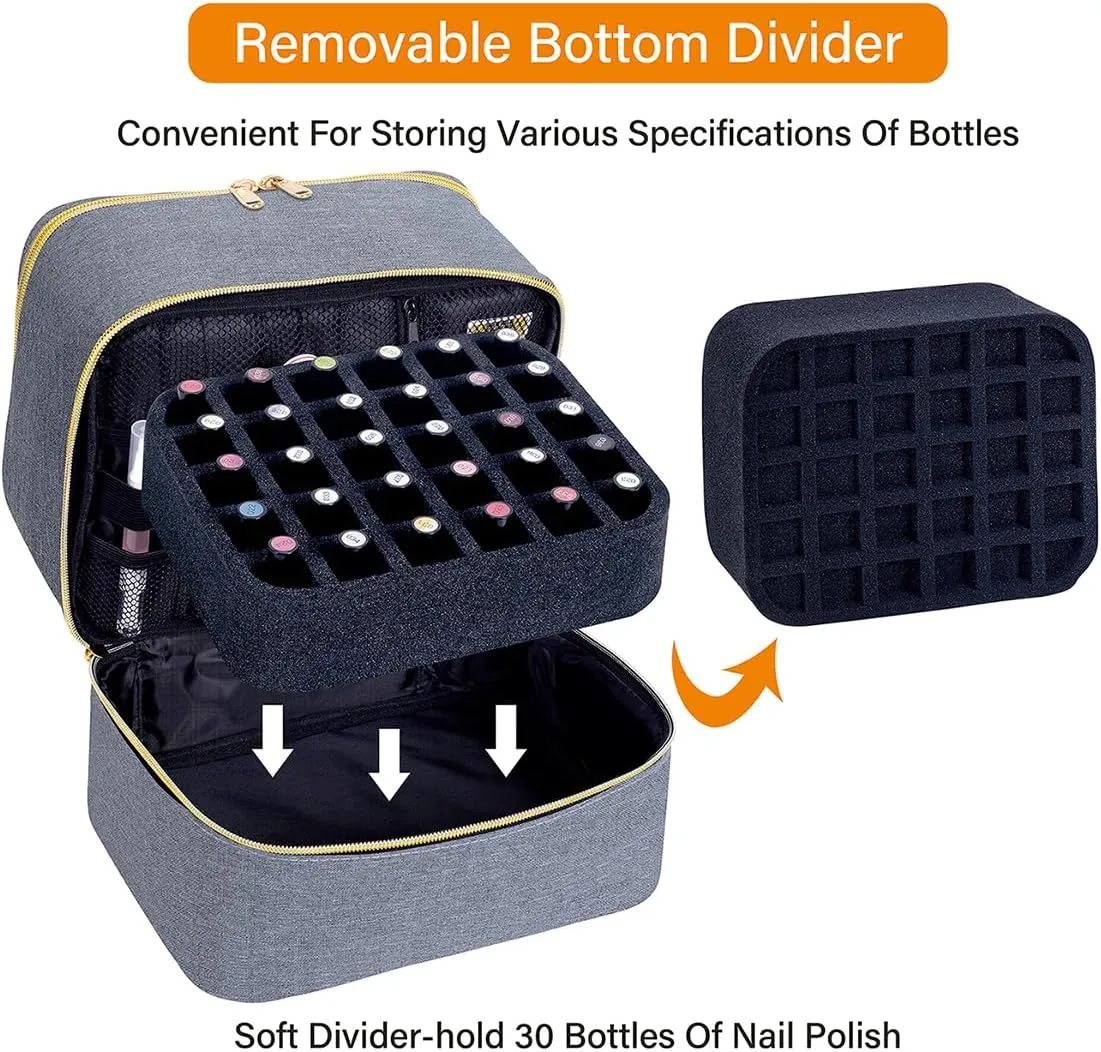 Nail Polish Organizer, Handheld Double Layer Organizer Holds 30 Bottles (15 ml/0.5 floz) with Adjustable Dividers for Nail Polish Small Manicure Lamp Manicure Tools Essential and Travel,Gray Gold