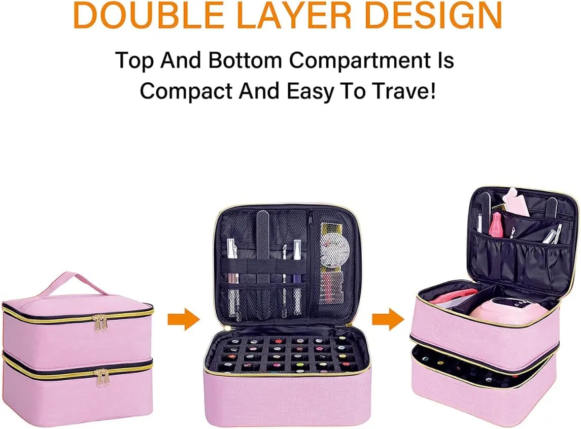 Nail Polish Organizer, Handheld Double Layer Organizer Holds 30 Bottles (15 ml/0.5 floz) with Adjustable Dividers for Nail Polish Small Manicure Lamp Manicure Tools Essential and Travel,Pink Gold